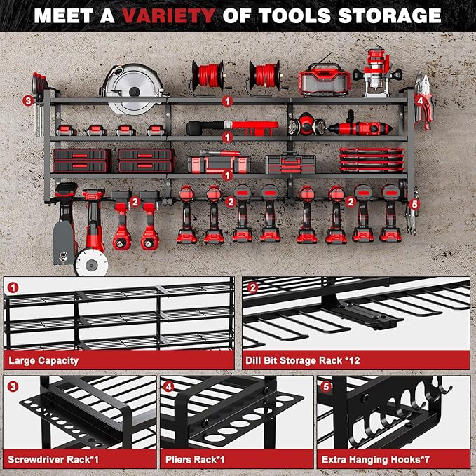 NattyDot 48" Large Power Tools Organizer Wall Mount,12 Drill Holder for Garage, Workshop Heavy Duty Storage Rack