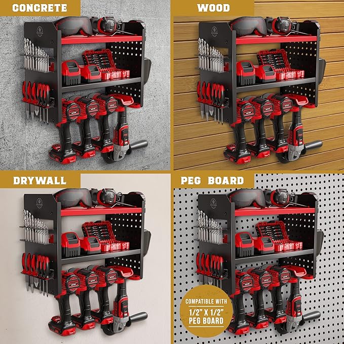 BUILTSTRONG Power Tool Organizer Wall Mount - 3-Tier Heavy-Duty Metal Hand Tool Storage Rack, Utility Racks, Drill Holder, PegBoard Side, & More - Garage Storage Cordless Tool Organizer (Red)