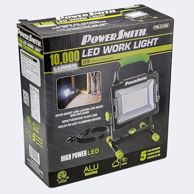 POWERSMITH 10,000 Portable LED Work Light with Metal Housing and Stand, Impact Resistant Lens, and 5 Year Warranty (PWLS100H)