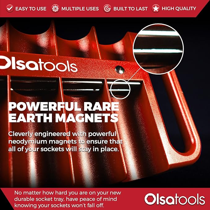 Olsa Tools Magnetic Portable Socket Organizer Tray - 1/2-Inch Drive - Red Holder for Deep & Shallow Sockets - Fits up to 1-3/16" SAE or 30mm Metric - Quality Product for Professionals - Part 1077