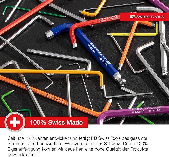 PB SWISS TOOLS Hex Key L-Wrench Set PB 2212.H-10 | 100% Swiss Made | 9-Piece Allen Wrench Set Sized 1.5-10 mm with Short 100° Key Part
