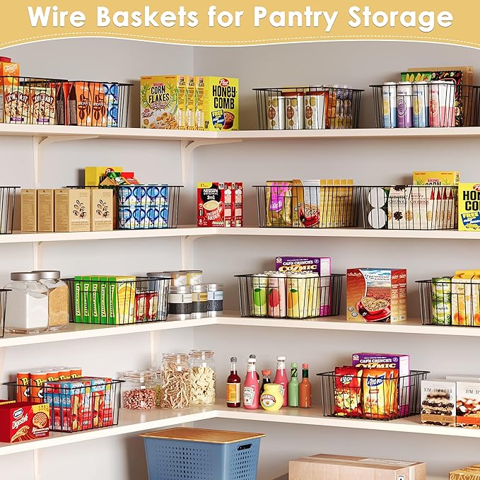 X-cosrack Metal Wire Baskets for Pantry Organization and Storage Freezer Organizer Bins with Handles 4 Pack- Extra Large Mesh Bin for Pantry Kitchen Laundry Closet Garage Patent Design