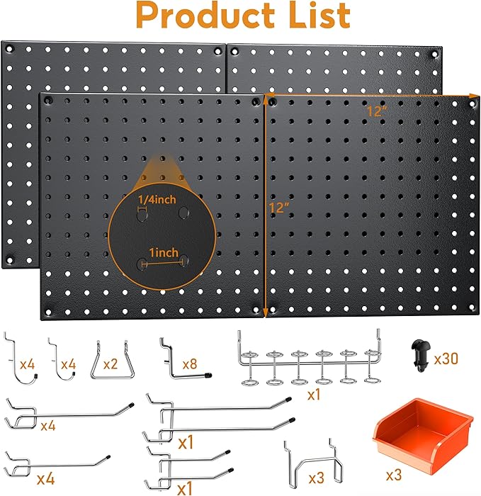 Peg Board, 68PCS Heavy Duty Metal Pegboard with Hooks, 4 Pack Black Peg Board Panels, 50lbs Load Capacity Each, Pegboard Wall Organizer for Garage, Workshop, Craft Rooms Total 24” x 24”