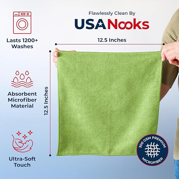 USANOOKS Microfiber Cleaning Cloth Light Green - 12 Pcs 12.5"x12.5" - High Performance - 1200 Washes, Ultra Absorbent Towels Weave Grime & Liquid for Streak-Free Mirror Shine - Car Washing Cloth
