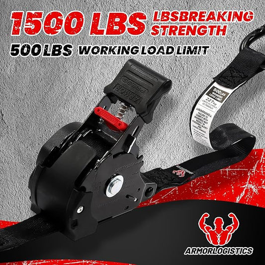 Retractable Ratchet Straps 4 Pack, 1500LBS Break Strength Self Retracting Tie Down Straps, 1" x 12' Auto Ratchet Straps for Motorcycle, Kayak and Trucks, Black