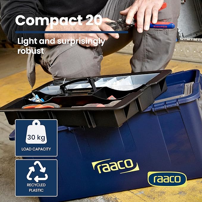 Raaco Tool Box with Drawers & Removable Trays – Durable Plastic Polypropylene (PP) Organizer with Handle, Stackable & Lockable, 66 lb Load Capacity (Compact 20)