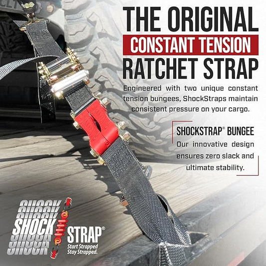 SHOCKSTRAP Ratchet Strap, 9' x 2" Shock Absorbing Heavy Duty Tie downs for Cargo, 2,000 LB WLL / 6,000 LB Break Strength, 4-Pack