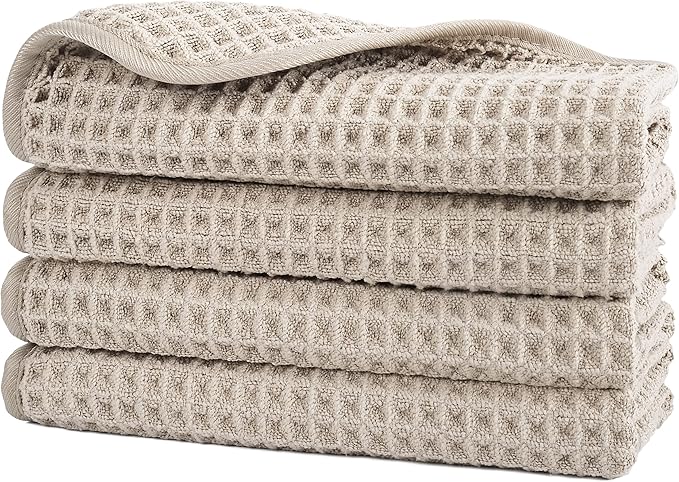 POLYTE 430 GSM Microfiber Lint Free Washcloth Face Towel, 13 x 13 in, 4 Pack (Waffle Weave)