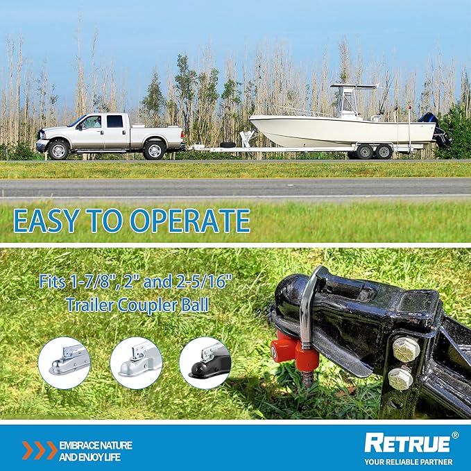 RETRUE Universal Coupler Lock Trailer Locks Ball Hitch Trailer Hitch Lock Adjustable Security Heavy-Duty Steel Fits 1-7/8 Inch, 2 Inch, 2-5/16 Inch Couplers, Red