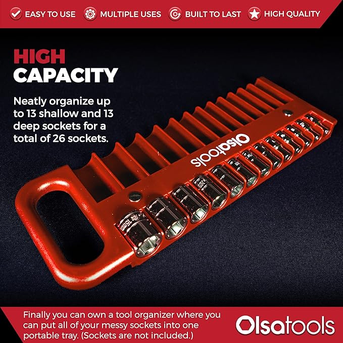 Olsa Tools Magnetic Portable Socket Organizer Tray - 1/4-Inch Drive - Red Holder for Deep & Shallow Sockets - Fits up to 5/8" SAE or 14mm Metric - Quality Tool Organizer for Professionals - Part 1075