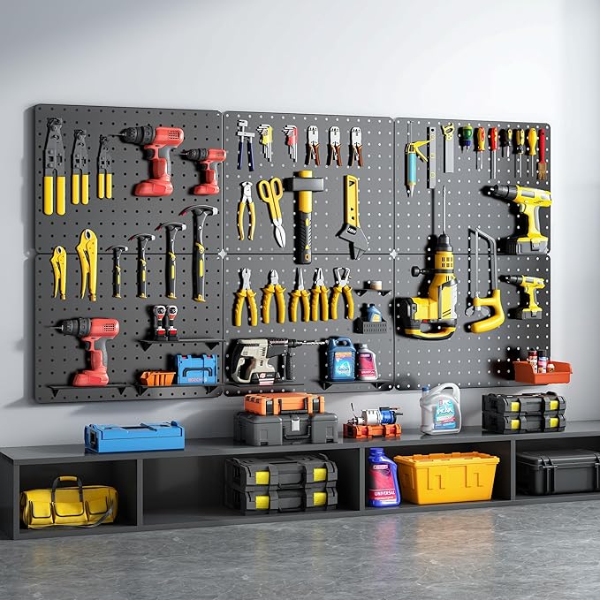 Peg Board, Heavy Duty Metal Pegboard, 6 Pack Black Peg Board Panels, 60lbs Load Capacity Each, Pegboard Wall Organizer for Garage, Workshop, Kitchen, Craft Rooms