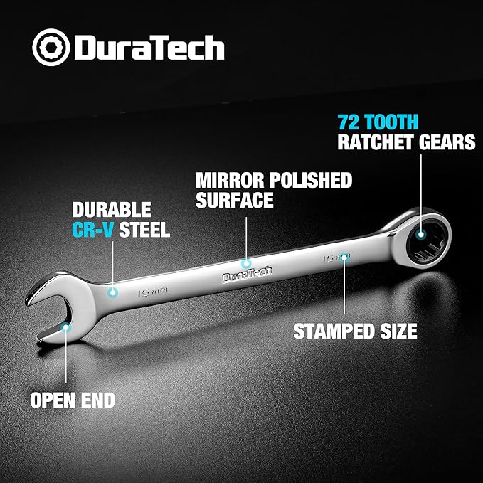 DURATECH 15mm Ratcheting Combination Wrench, Metric, 72-Tooth, 14-Point, CR-V Constructed with Mirror Polish