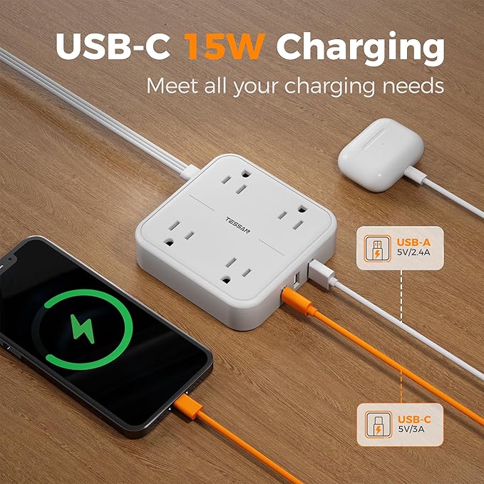 TESSAN Surge Protector Flat Extension Cord 15Ft, Flat Plug Power Strip with 4 Outlets 3 USB Ports (1 USB C), 900 Joules Protection, Multiple Wall Outlet Extender Suitable for Home Office Dorm, White