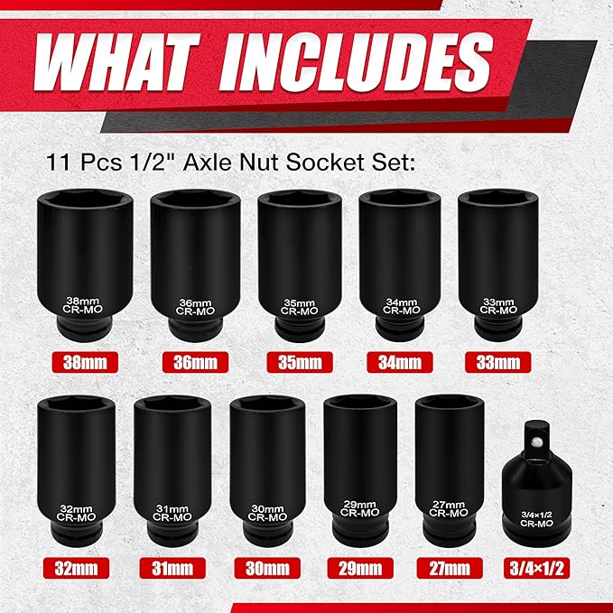11PCS 1/2" Axle Nut Socket Set,Drive Spindle Wheel Axle Nut Wrench Large Sockets,CR-MO Steel,6-Point,(27,29,30,31,32,33,34,35,36,38mm,3/4 to 1/2 Adapter)