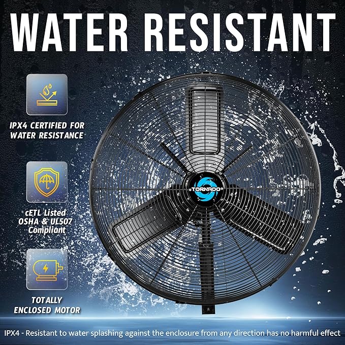 Tornado 24 Inch Outdoor Wall Mount Fan, IPX4 Water-Resistant, High Velocity, Oscillating, 2-Speed, 7350 CFM, TEAO Motor, cETL Listed– For Industrial Use