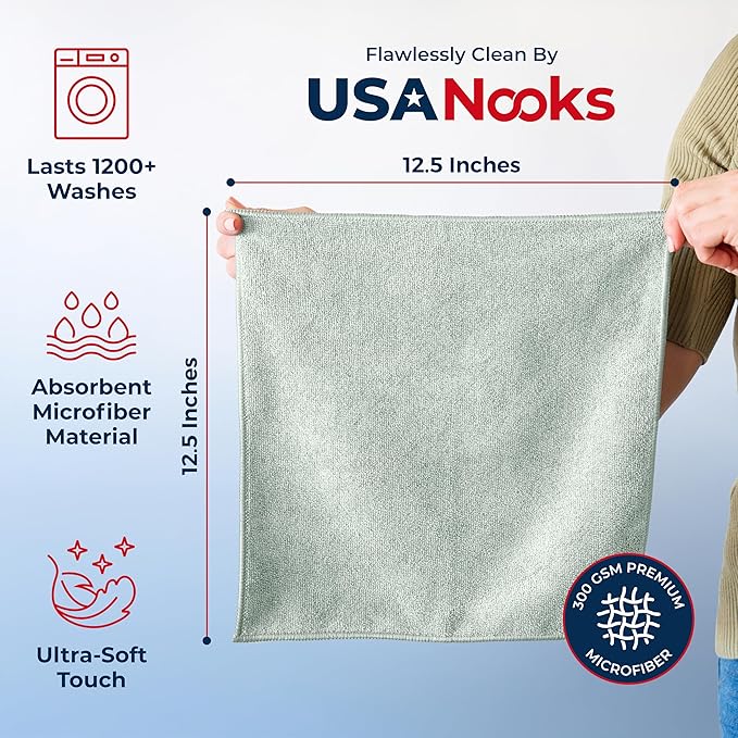 USANOOKS Microfiber Cleaning Cloth - Sea Green - 100Pcs (12.5x12.5 inch) High Performance - 1200 Washes, Ultra Absorbent Car Towel Traps Grime & Liquid for Streak-Free Mirror Shine - car Washing cloth