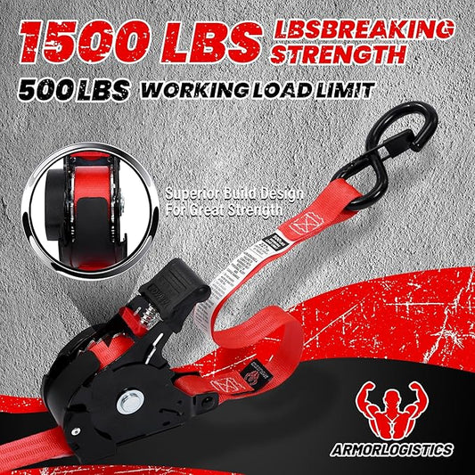 Retractable Ratchet Straps 4 Pack, 1 in x 12 FT Auto Ratchet Straps for Motorcycle, Kayak and Trucks, Breaking Strength 1,500LBS/500LBS Working Load Limit Red