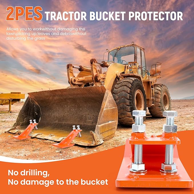2Pcs Tractor Bucket Protector,Bucket Edge Anti-Skid Device,Double Hexagon Lock Nuts and Bolts,for Snow Leaves Removal Spreading Gravel,Orange