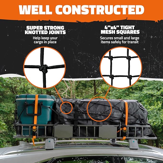 Mockins 50"x36" Elastic Truck Cargo Net for Pickup Truck Bed, Roof Rack or Trailer | 6mm Thick Bungee Net with Hooks - Stretches Up to 100"x75" | 4"x4" Mesh Square Cargo Netting for Any Load Size