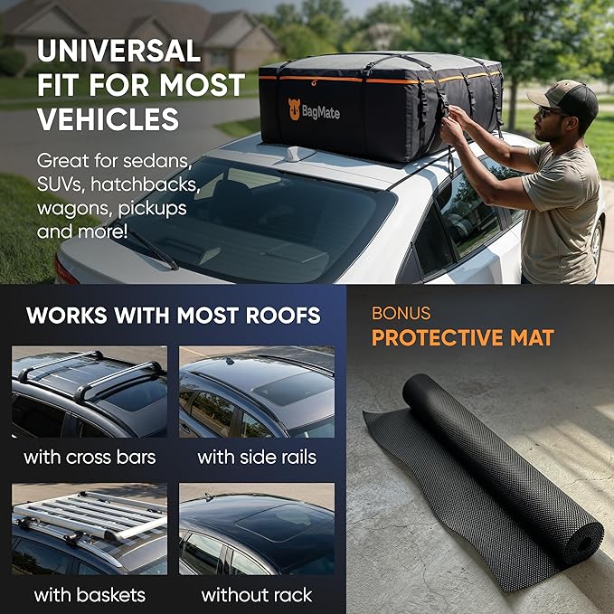 19 Cubic Feet Roof Bag – Safety Tested Heavy-Duty Waterproof Rooftop Cargo Carrier for All Cars & SUVs (with or Without Rack) – Includes Protective Mat & Storage Bag – Military-Grade 840D PVC