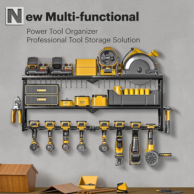 Spampur Power Tool Organizer Wall Mount, 15 Min Assembly & Maximum 100lb load by Heavy Duty Metal, 8 Drill Holder, 3 Layers Garage organization and Storage Rack, Tool Shelf With Battery Holder
