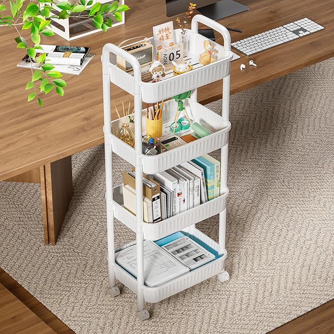 JOYZAN 4 Tier Rolling Carts with Wheels, Utility Cart with Handle and Locking Caster, Storage Cart for Kitchen, Office, Bedroom, Suitable for Diaper, Art Tools, Snack, Craft Storage Cabinet, White
