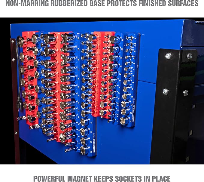 OEMTOOLS 22489 6 Pack Set Metric and SAE Magnetic Socket Organizers, Tool Box Socket Organizer for 1/4, 3/8, and 1/2 Inch Drive Sockets, Red and Blue