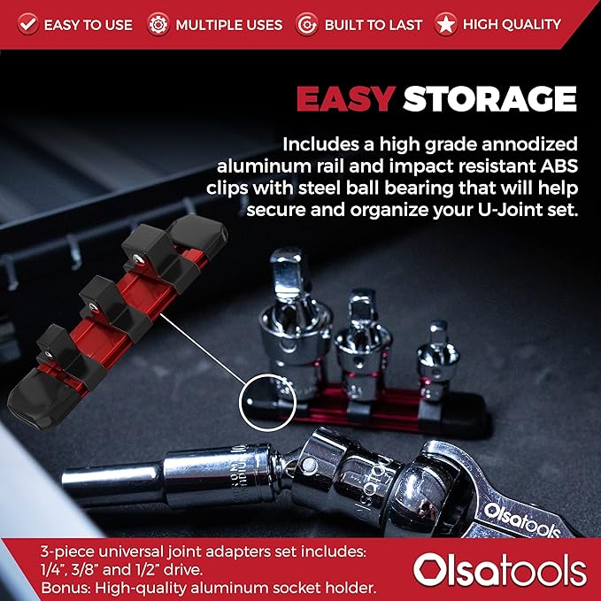Olsa Tools Universal Joint Set - 3 Pc 1/2",3/8" & 1/4" Drive - Swivel U-Joint Socket Kit with Aluminum Rail - Ball and Angle Socket Adapters - Part 1243