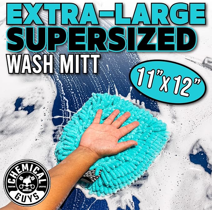 Chemical Guys MIC513 Big Noodle Chenille Microfiber Scratch Free Supersized Car Wash Mitt for Cars, Trucks, SUVs, RVs & More, Turquoise (11" x 12") (Pack of 12)