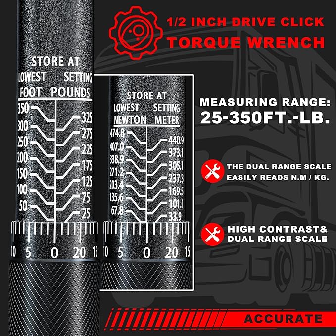 3/4" Drive Click Torque Wrench 25-350 Ft.-Lb. / 33.9-474.8 Nm, Dual-Direction Adjustable Torque Spanner, Car Trucks Heavy Machinery