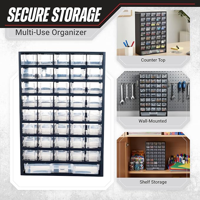 Storage Bin with Drawers - 41-Drawer Plastic Tool Organizer - Hardware or Craft Cabinet for Storing Beads, Toys, or Nuts and Bolts by Stalwart (Black)
