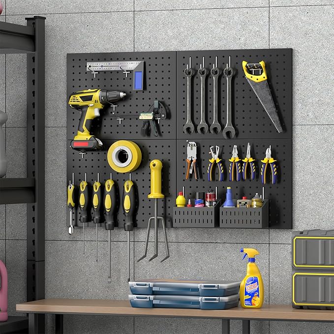 74PCS Pegboard Wall Organizer, 4 Pack Metal Pegboard Panels with 70 Hooks, 32" x 24" or 64" x 12" Black Peg Board for Walls, Garage, Craft Room, Cold-Rolled Steel