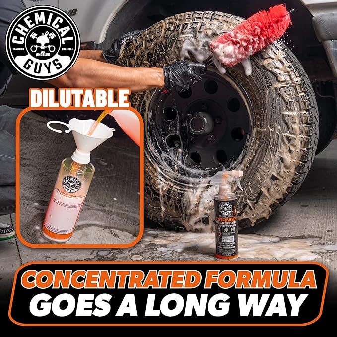 Chemical Guys Orange Degreaser 16 oz - with Professional Grade Microfiber Towel - Heavy Duty Cleaning Kit for Engines, Wheels, Tires, & More - Powerful Citrus Formula Removes Grease & Grime