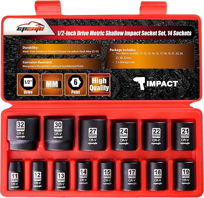 EPAuto 1/2-Inch Drive Click Torque Wrench 1/2-Inch Drive Metric Shallow Impact Socket Set, Cr-V