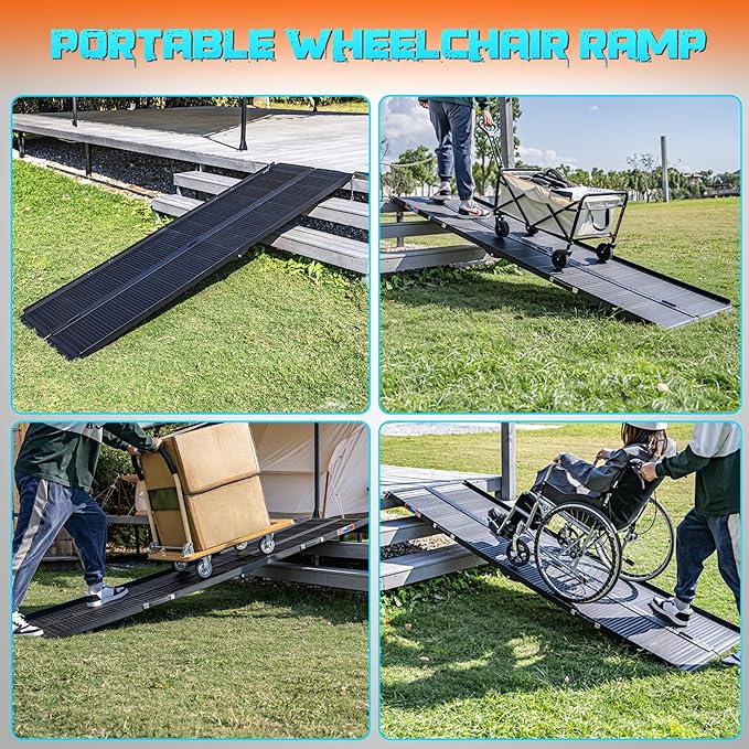 WHALEMOTOR Black Portable Wheelchair Ramp, 7FT No-sew Non-Slip Aluminum Wheelchair Ramp, Folding Portable Wheelchair Ramps for Home, Weight Capacity Up to 800 LBS, Loading Dock Plates