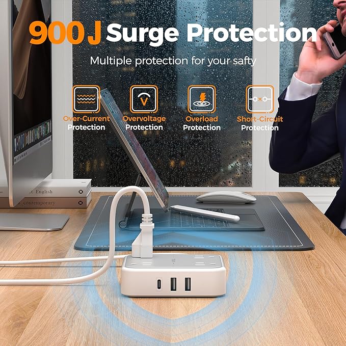 TESSAN Surge Protector Flat Extension Cord 1Ft, Ring Plug Power Strip with 4 Outlets 3 USB Ports (1 USB C), 900 Joules Protection, Multiple Wall Outlet Extender Suitable for Home Office Dorm, Grey