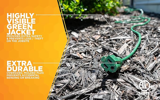 Woods Yard Master Extension Cord - Flexible Power for Patio & Landscape Use - Light Duty - SJTW Extension - 16 Gauge - 3 Prong - Green - 80 Foot