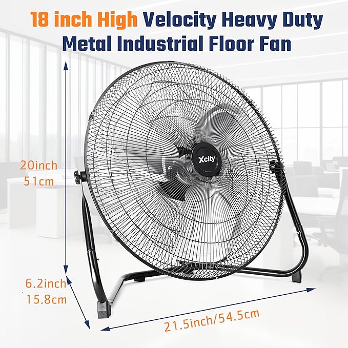 18 Inch Floor Fan, Max 4012 CFM Industrial Fan, 3-speed and 360° Adjustable Tilt, Metal Construction and Aluminum Blades, Ideal for Warehouse, Workshop, Factory, Garage