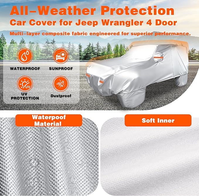 iCOVER Car Cover for Jeep Wrangler 4 Door, Waterproof Jeep Cover with Detachable Tire Covers, All Weather Outdoor Full Exterior Jeep Covers, Snow UV Protection Jeep Wrangler Cover, Fits up to 191"