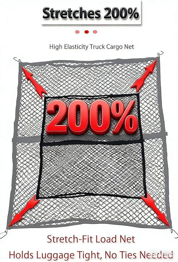 Double Layer Elastic Cargo Net 5'x5' Stretchable to 9'x9' Heavy Duty Truck Bed Organizer with 8 Metal Hooks Fit Pickup Trucks SUVs Vans Sedans