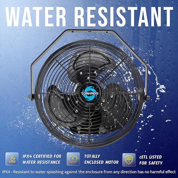 Tornado 12 Inch Outdoor Water-Resistant Metal Industrial Wall Mounted Fan IPX4 Rated High Velocity Wall Fan For Commercial, Industrial, Residential, 3 Speed 6.6 FT Cord cETL Safety Listed, Black