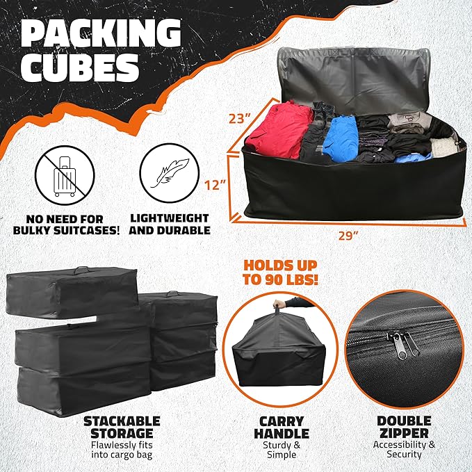 Mockins 30 Cubic Ft. Trailer Hitch Cargo Carrier Bag & 6 Packing Cubes 29"x23"x12" | 60"x24"x36" Waterproof Cargo Bag for Hitch Carrier | Set of Vehicle Soft-Shell Carriers with Buckle Straps & Lock