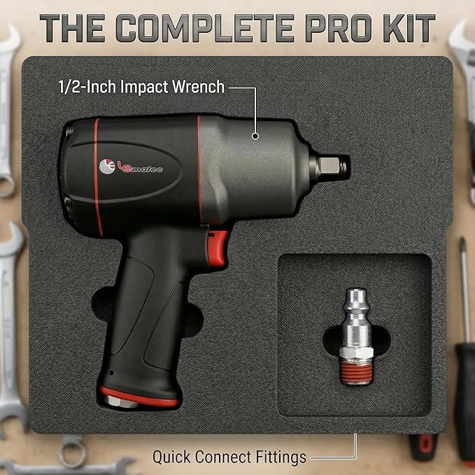 LE LEMATEC 1/2" Impact Wrench - High Torque 1000 ft-lbs, Twin Hammer Pneumatic Impact Gun, Lightweight Aluminum Housing, 8500 RPM for Auto Repair & Tire Shops - LE-IWT-R102
