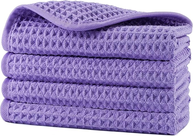 POLYTE 430 GSM Microfiber Lint Free Washcloth Face Towel, 13 x 13 in, 4 Pack (Waffle Weave)