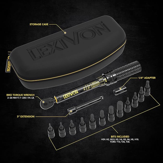 LEXIVON Bike Torque Wrench 1/4-Inch Dr. 15-Piece Kit | 72-Tooth Gear, Dual-Direction Click Type 2~26 Nm / 17.7~230.1 in-lb (LX-191)