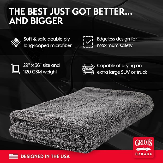Griot's Garage Extra-Large PFM Edgeless Microfiber Drying Towel for Car Wash and Detailing, Ideal for SUVs, Trucks, and RVs, 29" x 36", 55596