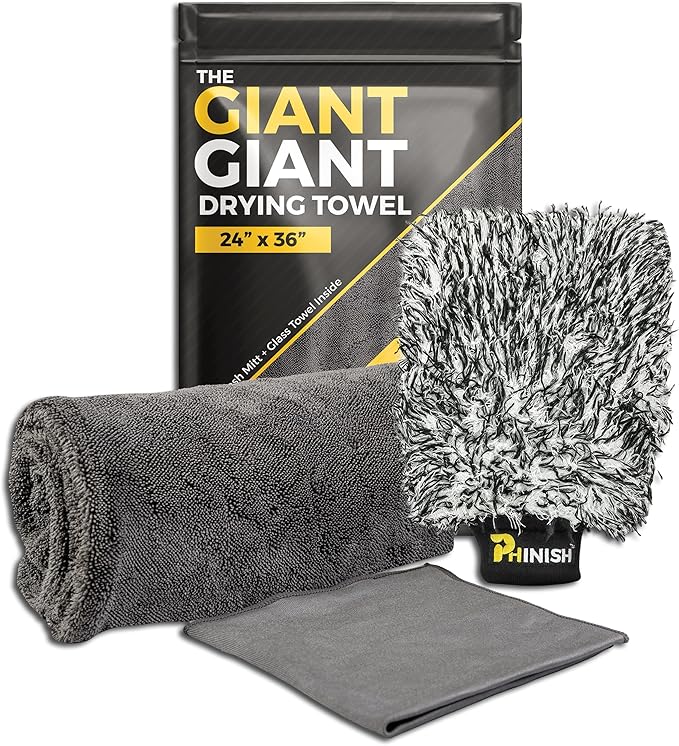 The Giant Giant 24"x36" Car Drying Towel – Ultra Absorbent 1200 GSM Twisted Loop Microfiber, Scratch-Free, Streak-Free, 70/30 Korean Blend – Includes Wash Mitt & Glass Towel for Auto Detailing