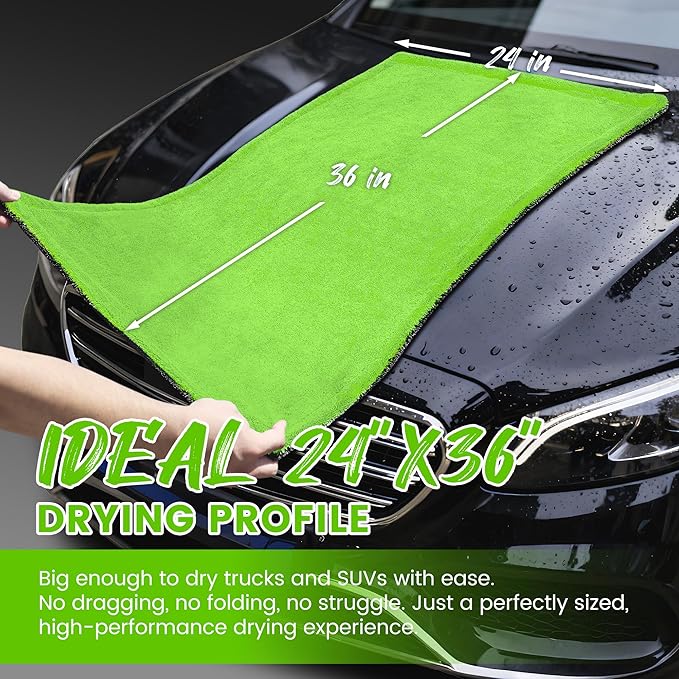 PUGPIU Car Drying Towel - 1400GSM Extra Large Super Absorbent Microfiber Towels for Cars 24"x36" - Large Edgeless with Twisted Loop, Lint-Free & Streak-Free for Auto Detailing, SUV, Truck (Green)