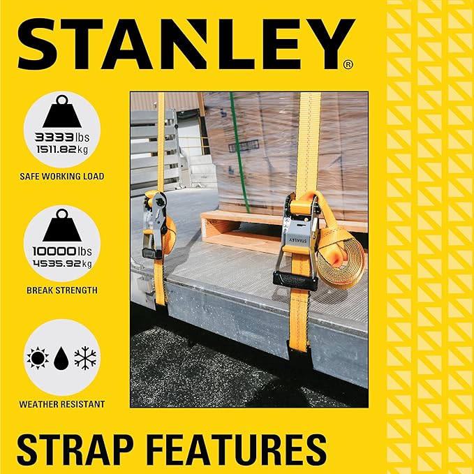 STANLEY S10000F Black/Yellow 2" x 27' Ratchet Strap with Flat Hooks - 3,333 LBS Safe Working Load / 10,000 LBS Break Strength