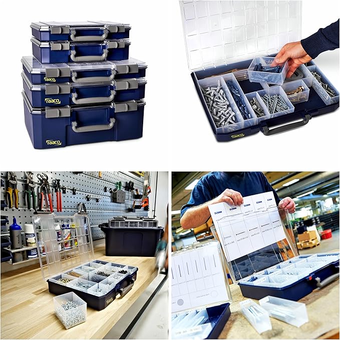 Raaco CarryLite Deep Small Parts Organizer Box – 3.2 Inch Height – 25 Inserts – Anti-Mix U-Profile Lid for Screws, Bolts & Nuts – Secure Sliding Lock – Portable Hardware & Tool Storage (CarryLite 80)
